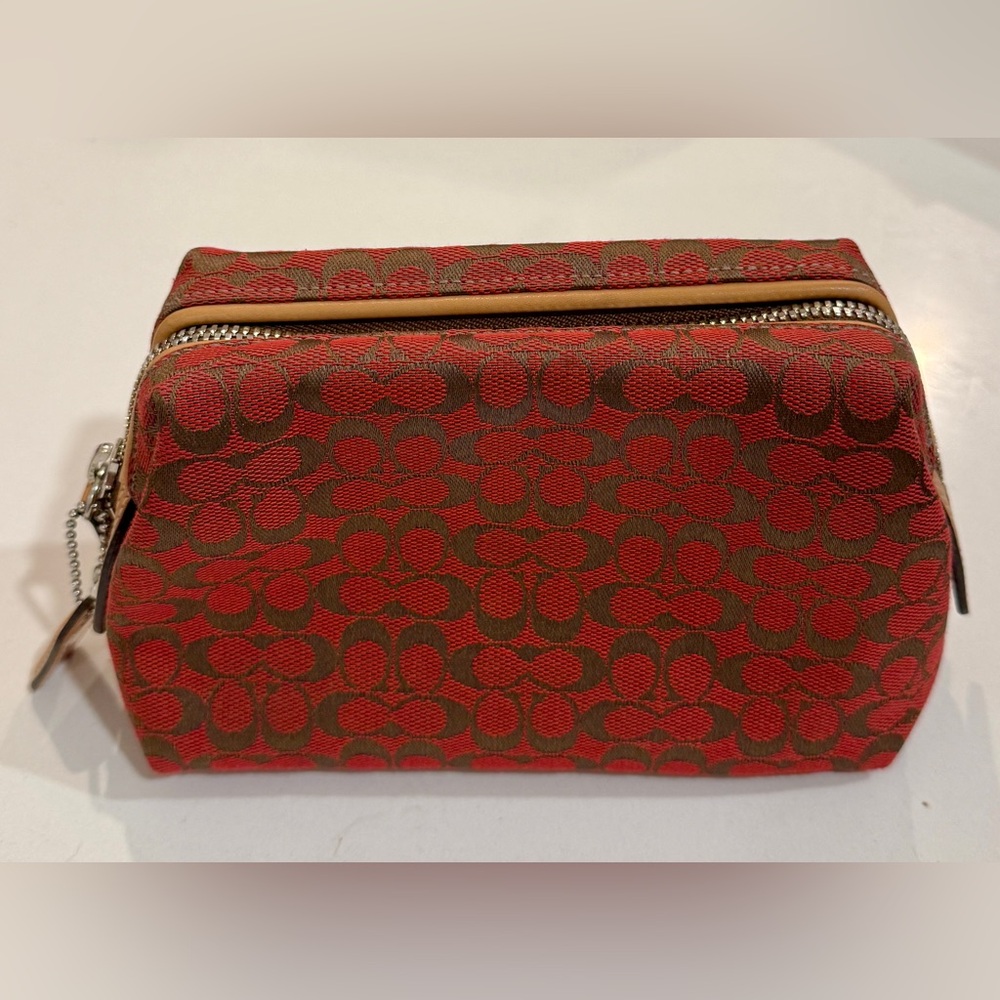 Coach Red and Brown Signature Cosmetic Pouch